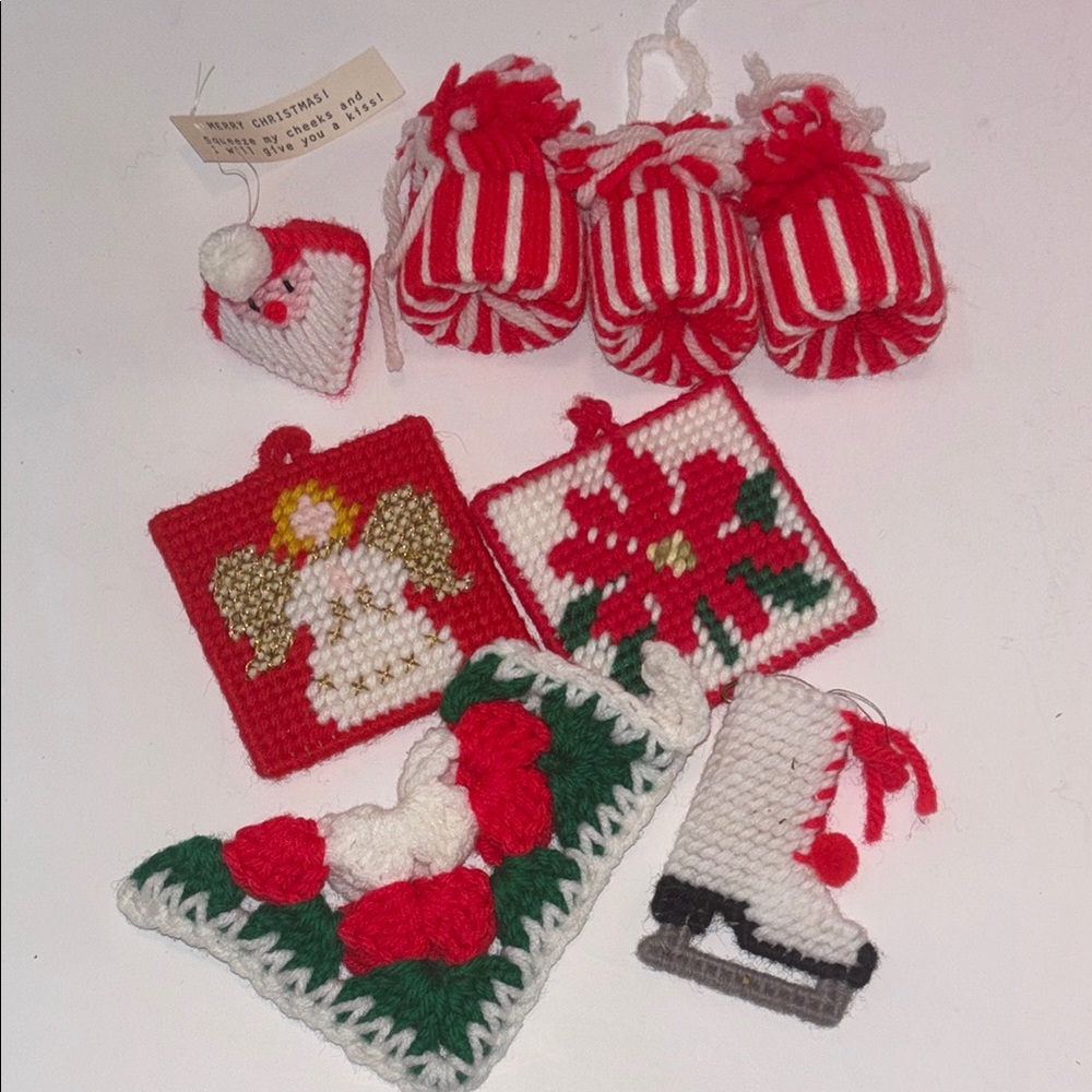 Handmade Yarn ornaments Vintage 80s Red and White Christmas Ornaments Craft Fair